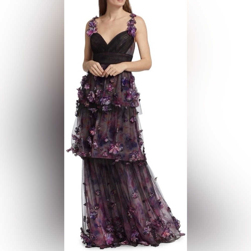 Marchesa Notte Tiered 3D Floral Purple Aubergine Dress Gown size 12